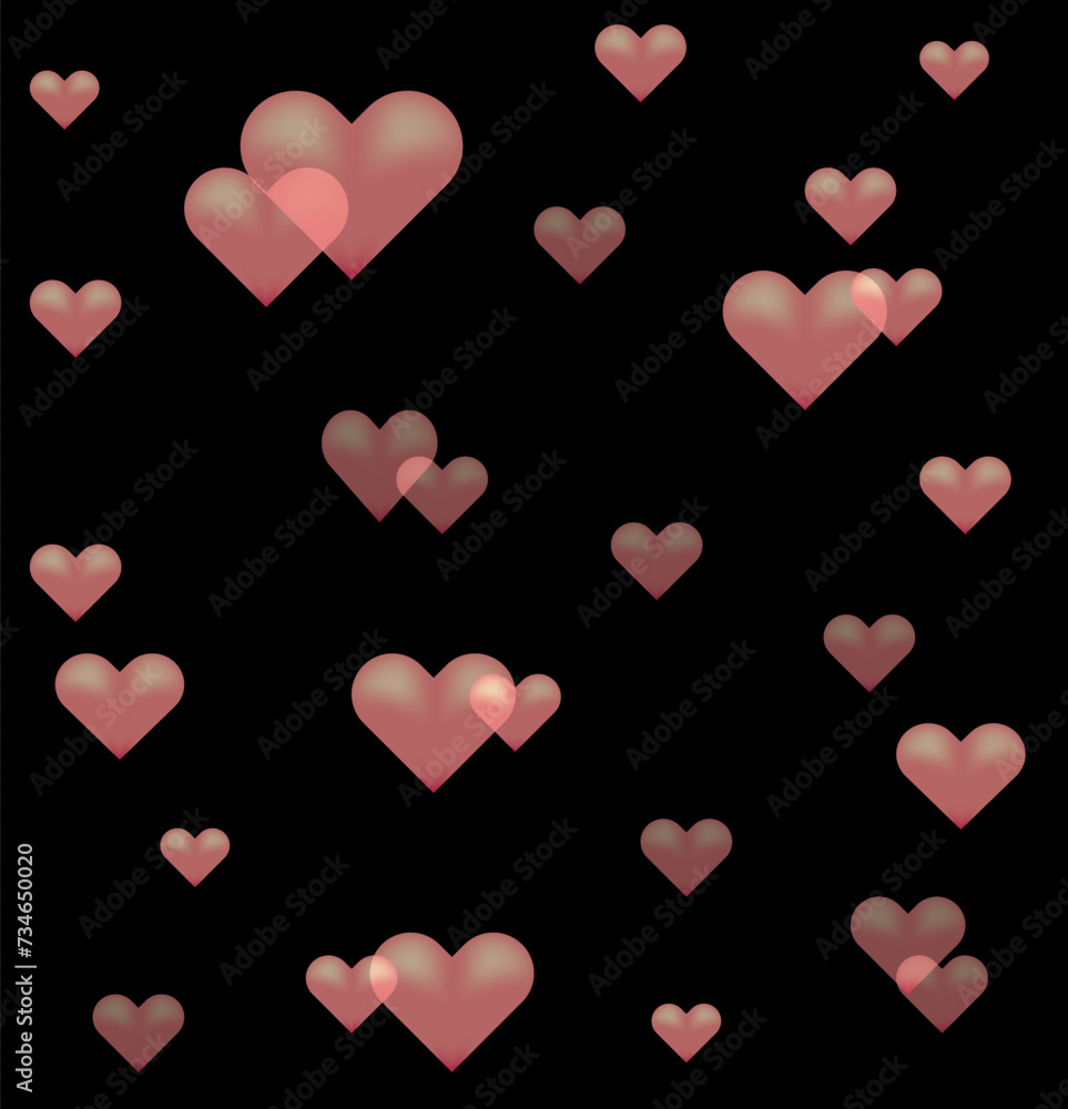 Black background with pink translucent hearts. Illustration on a black background. Printing on fabric. Postcard with space for an inscription. .Vector.