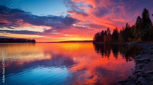 Colorful sunset over a serene lake, vacation paradise