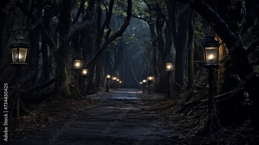 Dark forest path illuminated only by eerie lanterns