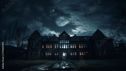 Creepy abandoned school with broken windows and moonlit skies