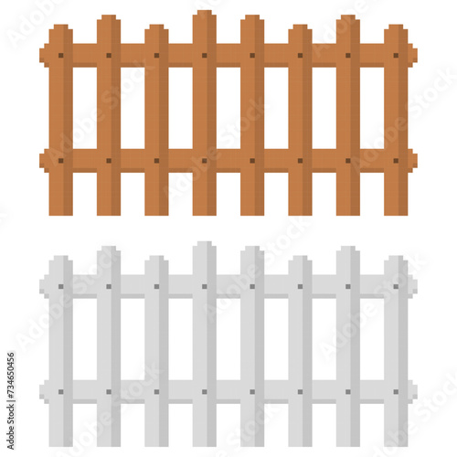 Wooden brown and white fence pixel art set. 8 bit style. Vector illustration.
