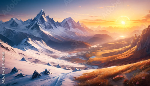 The setting sun casts golden light over a snowy, wind-swept mountain valley, ai generated.