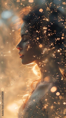Portrait of a girl in warm backlighting. Sparklers, long exposure, glitter particles, dreamy lighting, cinematic lens effect.