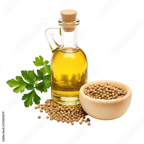 fresh raw organic coriander seed oil in glass bowl png isolated on white background with clipping path. natural organic dripping serum herbal medicine rich of vitamins concept. selective focus