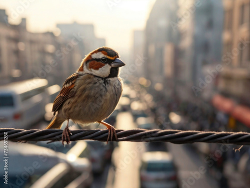 Top View: Sparrow Perched on a High Power Line Overlooking a Busy Street, with a Stunning Cityscape Below, Bathed in Soft Morning Light and Amazing Sun, Captured in 8K Resolution with Incredible photo