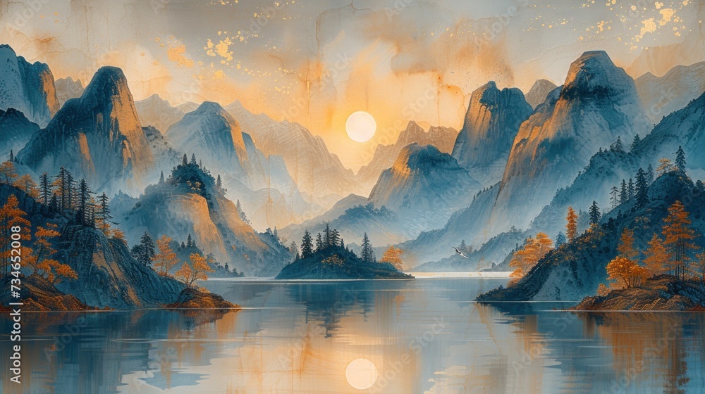  painting of sunrise in mountains and rivers