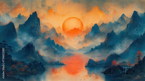  painting of sunrise in mountains and rivers