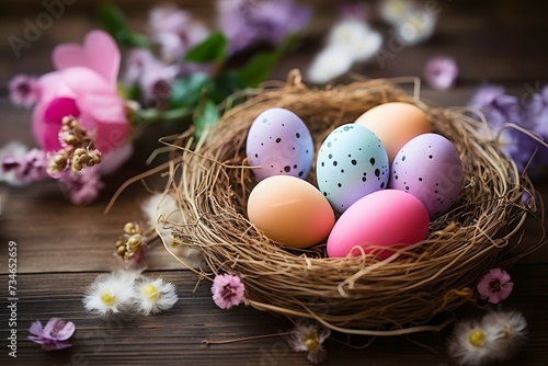 A nest adorned with colorful Easter eggs painted in soft pastel color, surrounded by blossoming flowers on a dark wooden surface
