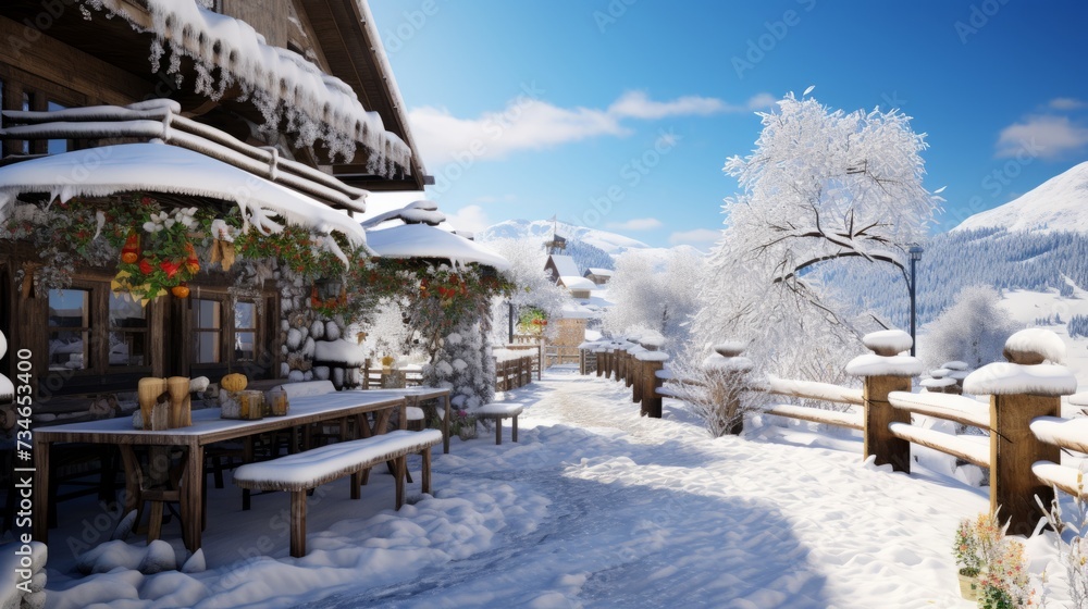 Cozy winter themed pension with snow covered landscapes and hot cocoa