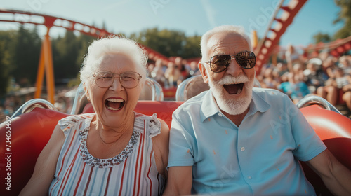 Senior couple having fun on a roller coaster ride in a theme park. 