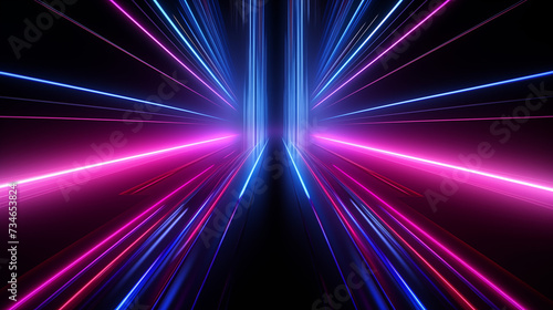 Three dimentional render with blue and pink neon lines on black background