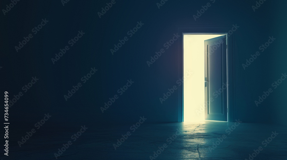 Light shining through an open door into a dark empty mysterious room