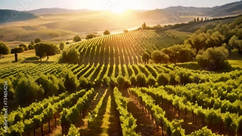the sunlight illuminating a vineyard in the hills with factual and descriptive language, A rustic Tuscan vineyard under the afternoon sun, AI Generated photo