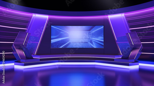 3D rendering background is perfect for any type of blue neon background with podium. News studio backgdrop TV photo