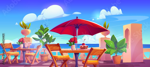 Summer outside cafe on terrace on sea or ocean beach. Cartoon seaside restaurant on patio with roses in vase and cake on table, chairs with plaid, umbrella and plants. Cafeteria on shore balcony. © klyaksun