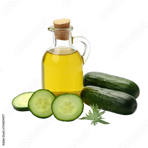 fresh raw organic cucumber oil in glass bowl png isolated on white background with clipping path. natural organic dripping serum herbal medicine rich of vitamins concept. selective focus