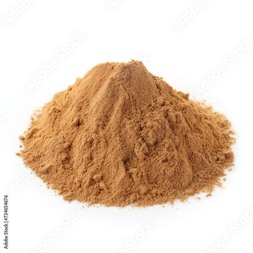 close up pile of finely dry organic fresh raw rhubarb root powder isolated on white background. bright colored heaps of herbal, spice or seasoning recipes clipping path. selective focus