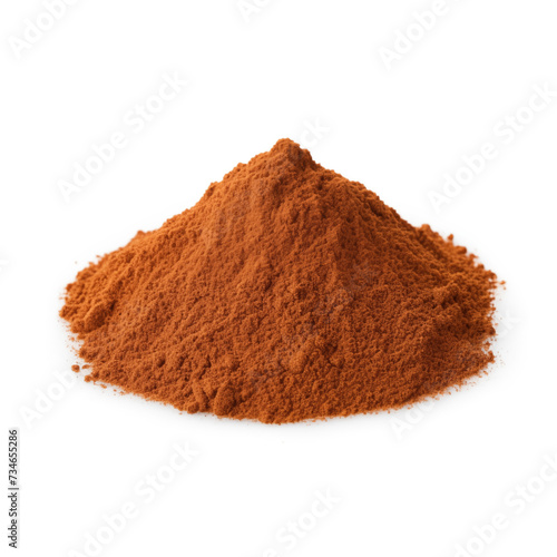 close up pile of finely dry organic fresh raw rooibos leaf powder isolated on white background. bright colored heaps of herbal, spice or seasoning recipes clipping path. selective focus