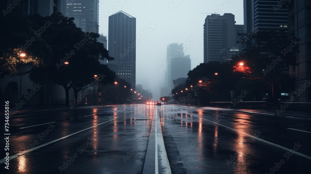 Rain slicked city road in a moody setting