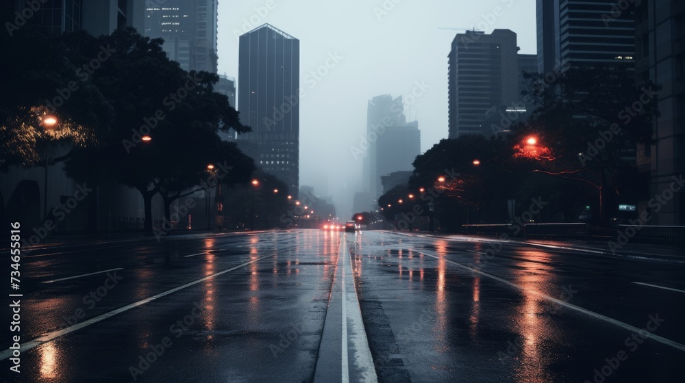 Rain slicked city road in a moody setting Rain slicked city road in a moody setting