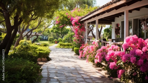 Serene garden pension with blooming flowers and serene walkways