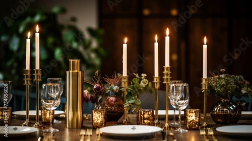 Shiny brass candleholders on a grand dining table