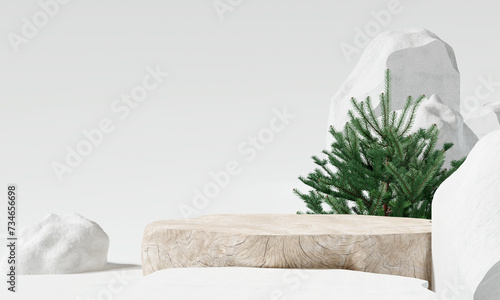 Fototapeta Naklejka Na Ścianę i Meble -  Wooden product display podium with pine tree and stone on white background. 3D rendering
