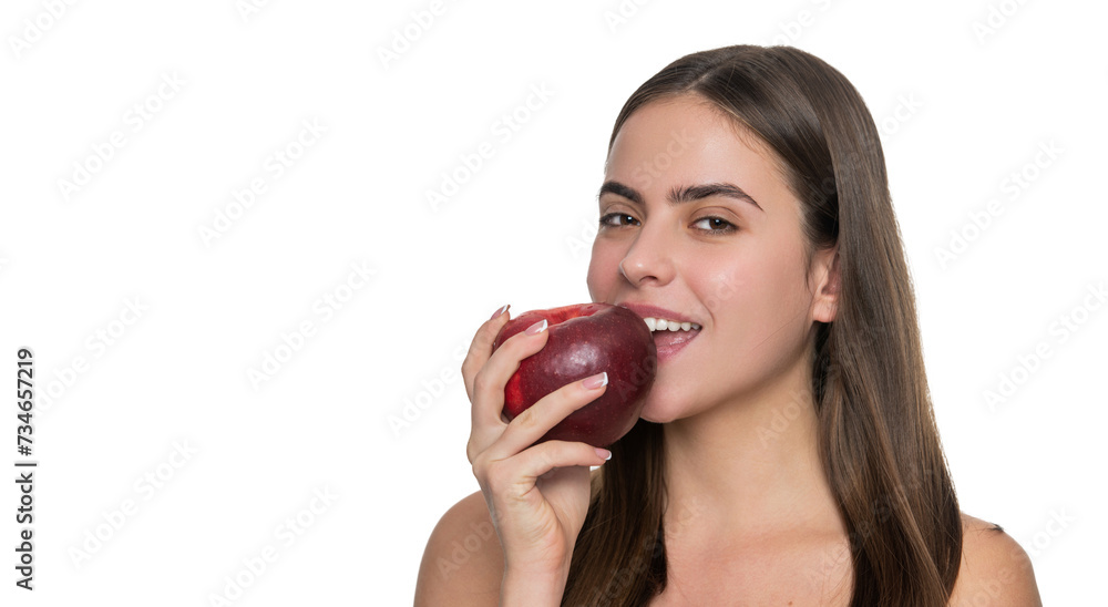 Young girl with apple fruit. Vitamin and dieting. Woman eating healthy food. Detox diet. Natural organic fresh apple. Healthy lifestyle and health. Diet and beauty. Detox. Copy space Young girl with apple fruit. Vitamin and dieting. Woman eating healthy food. Detox diet. Natural organic fresh apple. Healthy lifestyle and health. Diet and beauty. Detox. Copy space