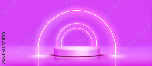 Round podium with neon light arch glowing on purple background. Vector realistic illustration of cylinder platform mockup for product presentation, led tubes decoration, futuristic showroom design