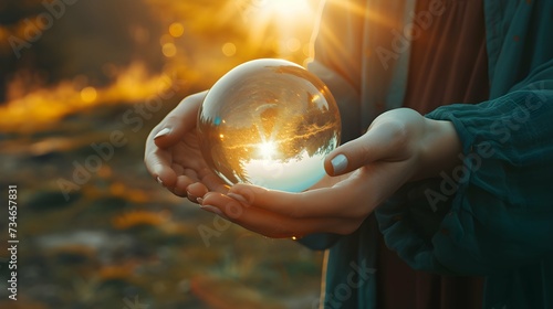 Woman holding a beautiful crystal ball in her hands. Close up photo
