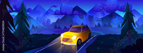 Yellow car driving night road in mountain valley. Vector cartoon illustration of auto with headlights on riding winding highway, dark fir tree forest, rocky peaks in fluffy clouds under starry sky