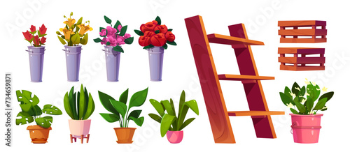 Flower shop design set isolated on white background. Vector cartoon illustration of wooden shelf and crates, bunches of color roses, lilies in metal bucket vases, green plants in pots, florist store
