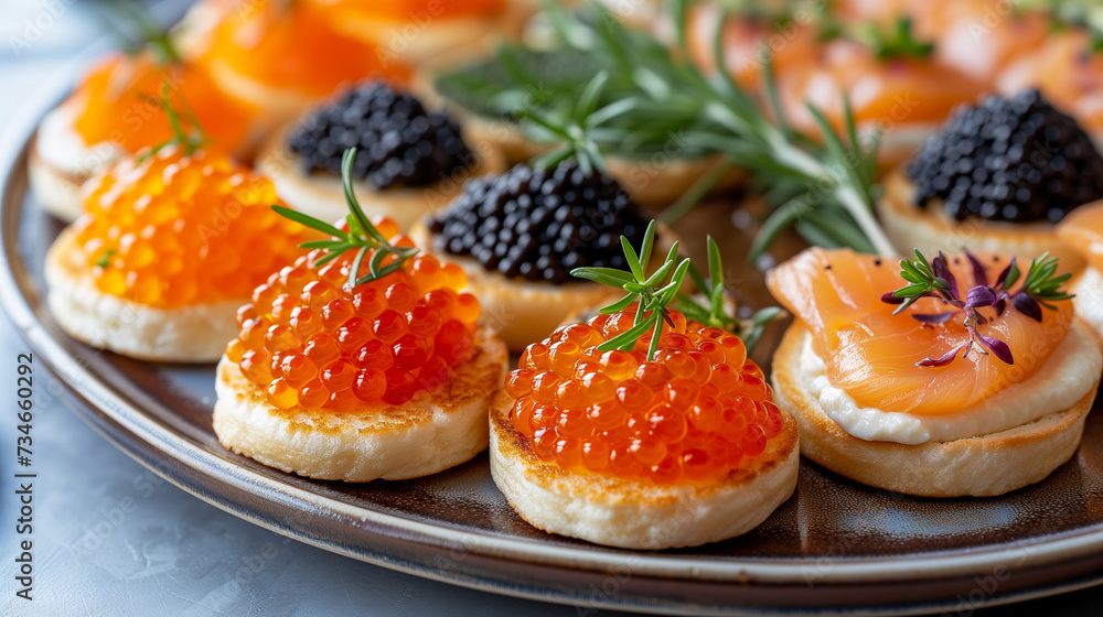 Caviar with garnish on small round pancakes. Russian culture's favorite fish egg appetizers. Caviar with garnish on small round pancakes. Russian culture's favorite fish egg appetizers.