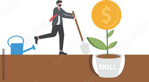 Businessman watering a money tree with skills performance growth work concept

