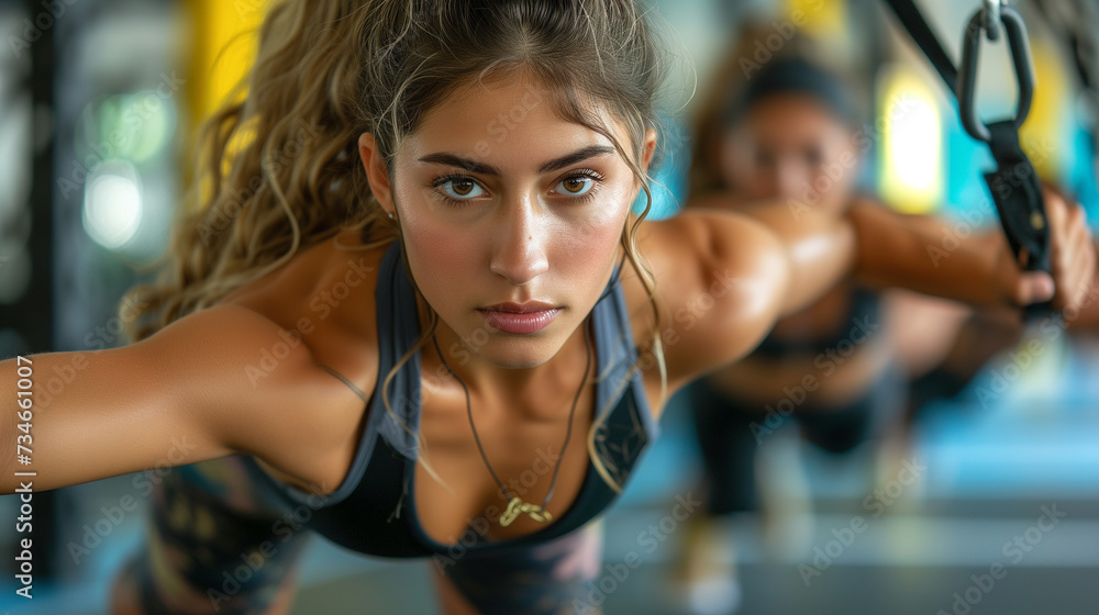 Obraz premium Young women performing HIT and stretching exercises in a fitness center. 