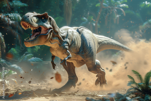 Tyrannosaurus rex is roaring and kicking up dust and debris in prehistoric jungle photo