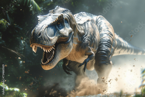 Tyrannosaurus rex is roaring and kicking up dust and debris in prehistoric jungle