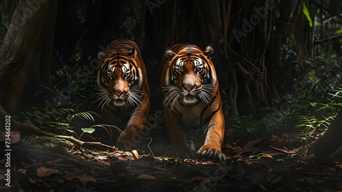 Two majestic tigers roam the forest, their sleek fur blending with the shadows as they hunt for prey © PSCL RDL