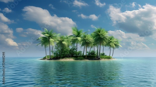 Isolated tropical island with palm trees and crystal clear water.