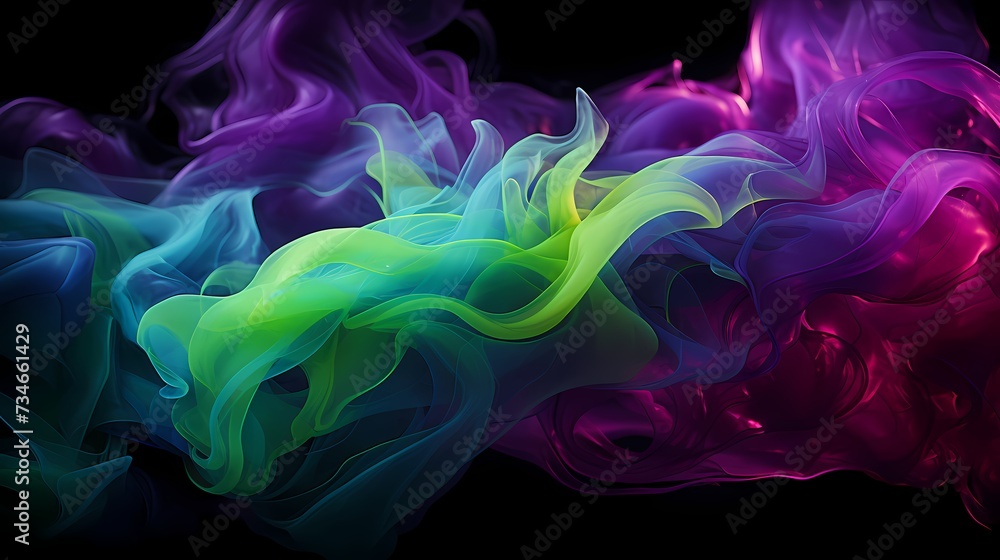 A surrealistic swirl of vibrant neon green and purple smoke