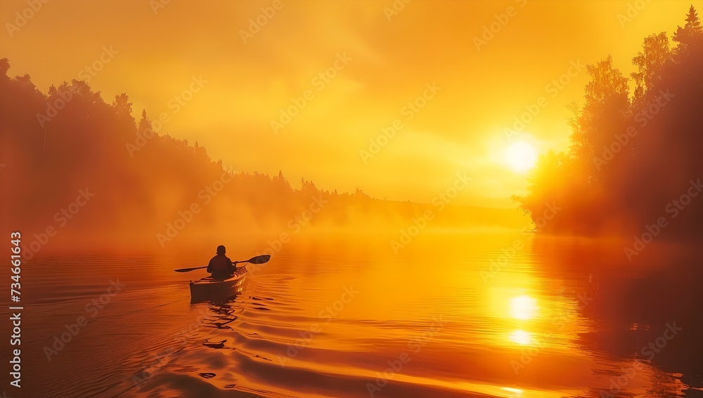 Serene sunrise on a misty lake with a lone kayaker. nature's beauty captured in a peaceful setting. perfect for calm moments. AI