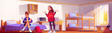Two female roommate students speaking in dormitory bedroom with bunk bed, bookshelf and table with laptop. Cartoon vector college or university campus accommodation interior with girls studying.