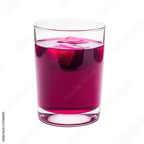 glass of 100% fresh organic boysenberry juice with sacs and sliced fruits png isolated on white background with clipping path. selective focus