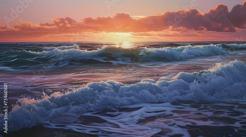 Sunset Tide: The last rays of sunlight kiss the ocean's frothy waves, a soft glow on the horizon bidding the day farewell.