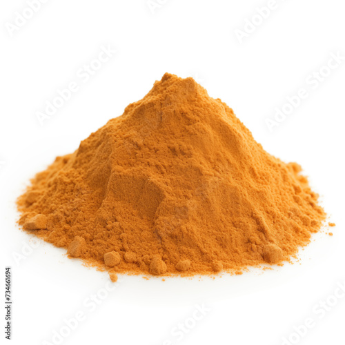 close up pile of finely dry organic fresh raw rosehip powder isolated on white background. bright colored heaps of herbal, spice or seasoning recipes clipping path. selective focus