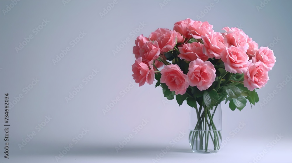 Elegant pink roses in a glass vase on a soft grey background. perfect for romantic occasions. clean, minimalistic floral arrangement. ideal for design use. AI