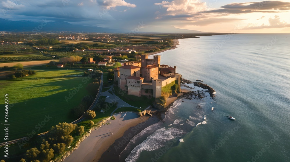 Stunning aerial scenic view of castle on the beach