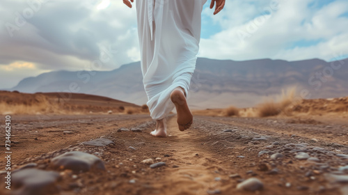 A person's journey captured mid-step, barefoot on a desert path, symbolizing a quest for spiritual awakening amidst vast, arid landscapes photo