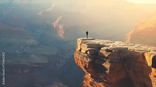 Solitary figure, grand canyon edge, high angle shot.