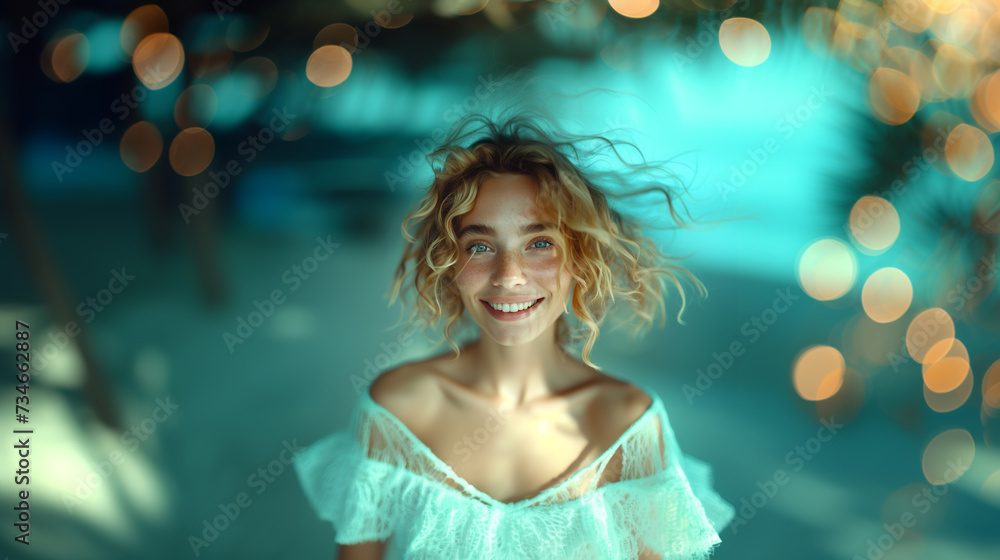 Young woman smiling, looking at the camera. Happy blonde smiling. Bokeh effect. AI generative